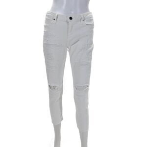 R+A Womens Distressed Mid Rise Zip Up Skinny Leg Jeans White Cotton Size 27